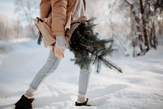 A woman carries fresh pine branches through a snowy forest, capturing a serene winter moment.
