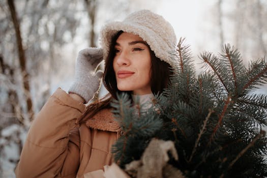Woman in winter clothing, holding pine branches, enjoying a snowy forest scene.