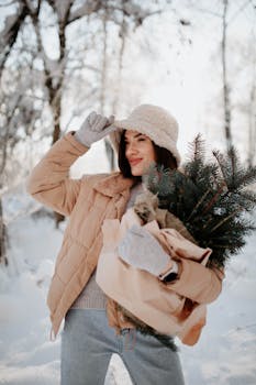 Happy woman in warm coat with evergreen branches, enjoying a snowy winter day.