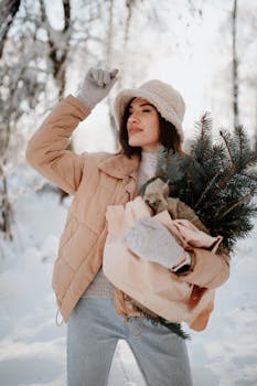 Young woman enjoying winter in snowy forest with pine branches.
