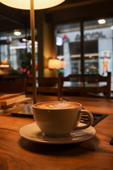 Warm cappuccino with latte art on a wooden table in a cozy Istanbul café setting.