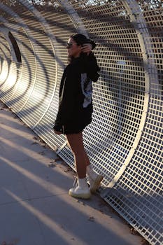 Fashionable woman in black hoodie by a modern metal fence in urban setting.