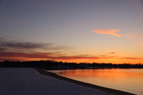 Snow by Lake at Sunset
