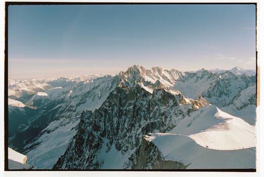 Stunning aerial vista of Mont Blanc's snow-covered peaks in winter. Captivating natural beauty.