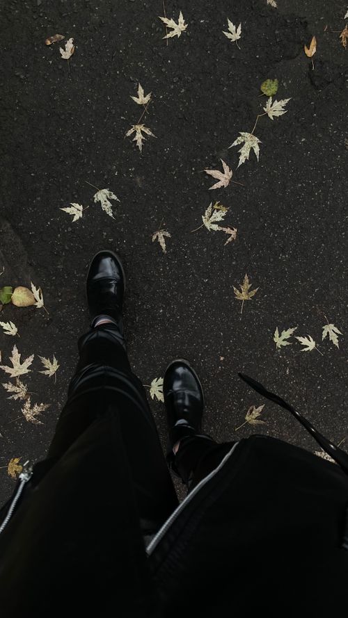 Free Person walking on an autumn leaf-covered pavement, wearing black leather shoes. Stock Photo