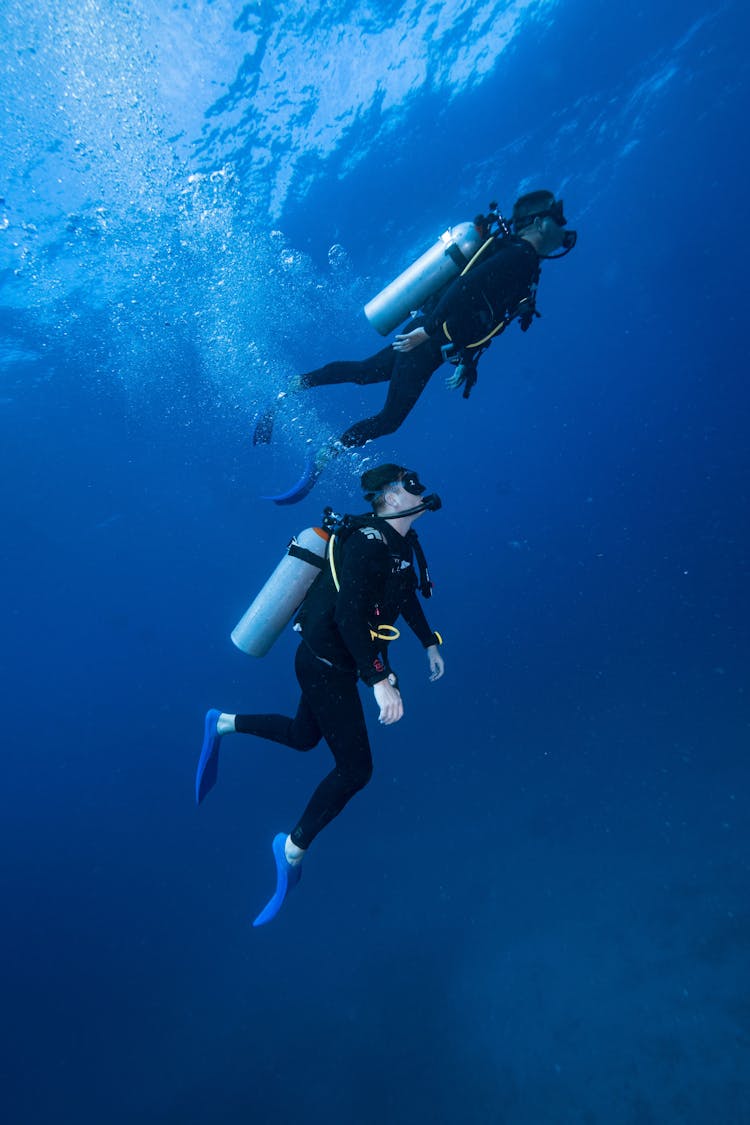 Scuba Divers In Masks Snorkeling Underwater