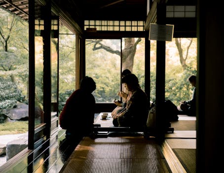 一行人坐在京都茶室，俯瞰郁郁葱葱的花园，享受宁静的茶艺体验