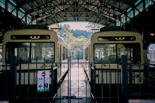 駅構内の2本の白い電車