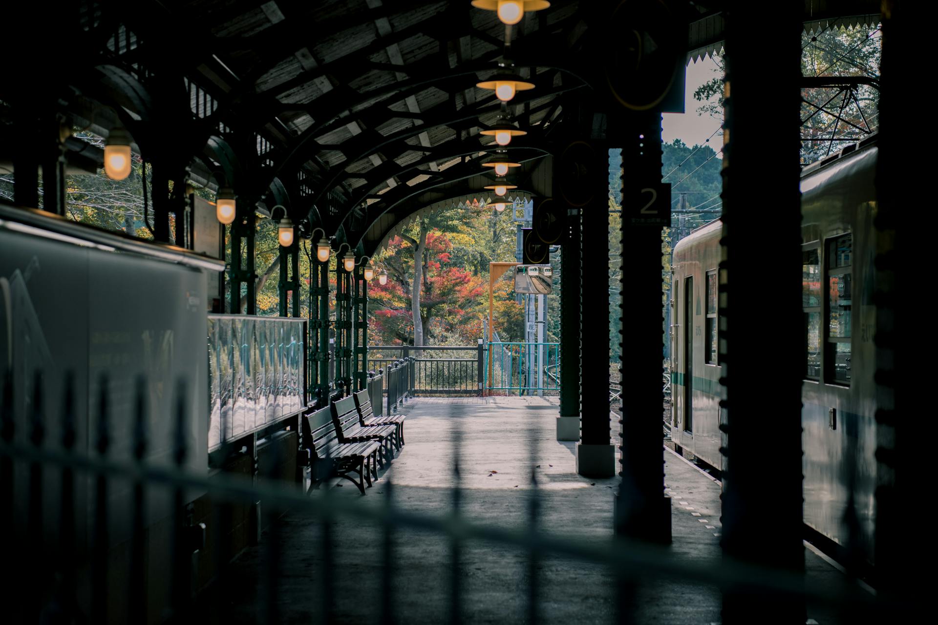 Empty train station in Japan surrounded by autumn foliage, offering a serene travel moment.