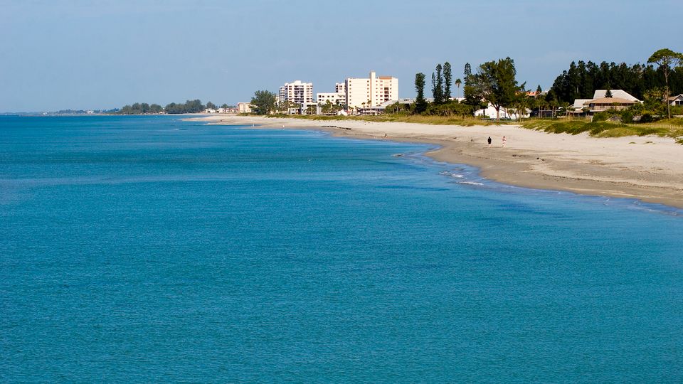 Peaceful stretch of sand and blue waters on a sunny day in Venice, Florida.