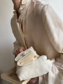 A close-up of a woman in an elegant blouse holding fabric indoors.