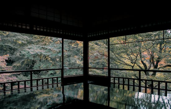 透过日本传统房间的窗户，可以欣赏到倒影中郁郁葱葱的宁静绿意