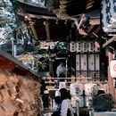 京都神社宁静的景象中，传统灯笼与游客共同探索着这片圣地