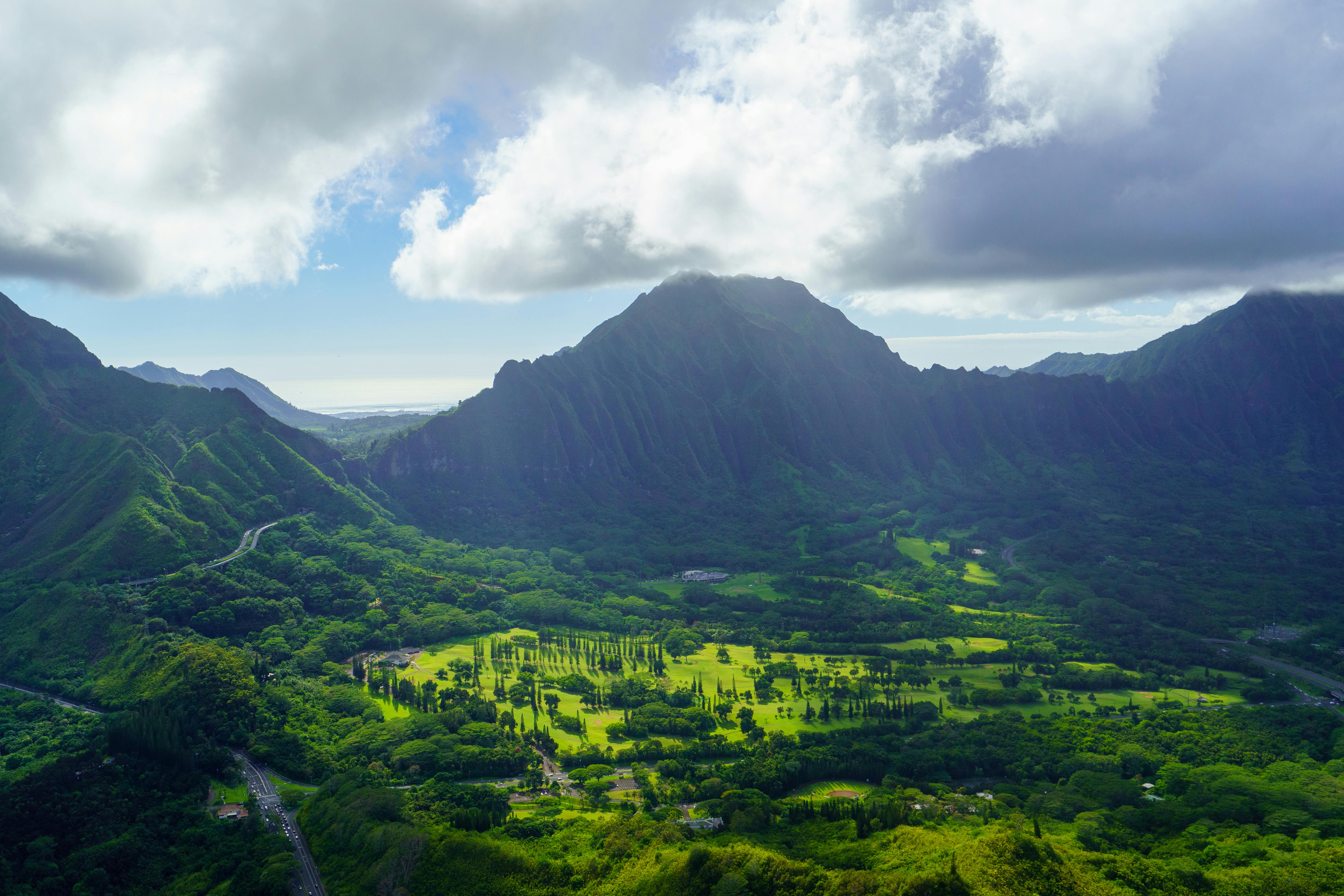 Landscape of a Green Valley and Mountains on Oahu Island, Hawaii