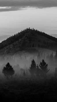 A dramatic black and white aerial view of a mist-covered mountain.
