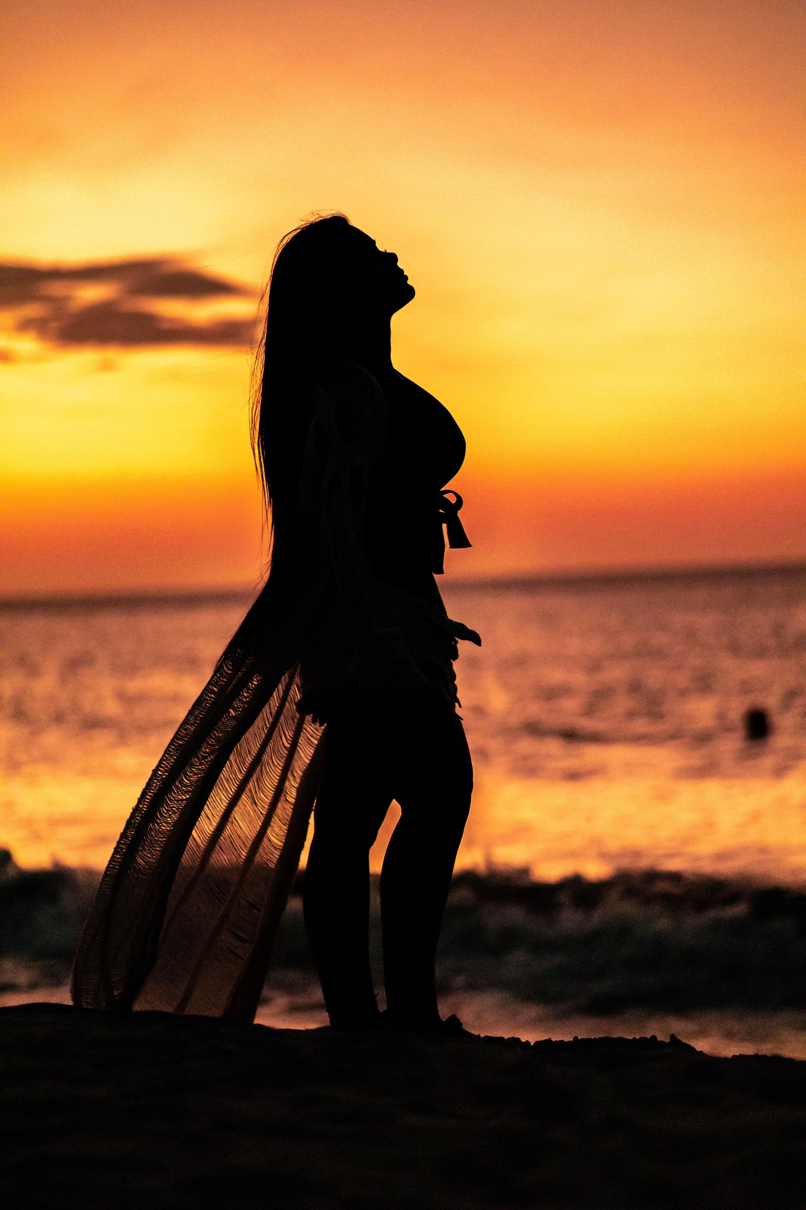 Woman Silhouette on Sea Shore at Sunset · Free Stock Photo