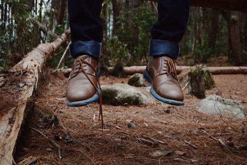 Fotografia Della Persona Che Indossa Scarpe In Pelle Marrone Vicino Al Registro Marrone Sulla Foresta Verde Durante Il Giorno