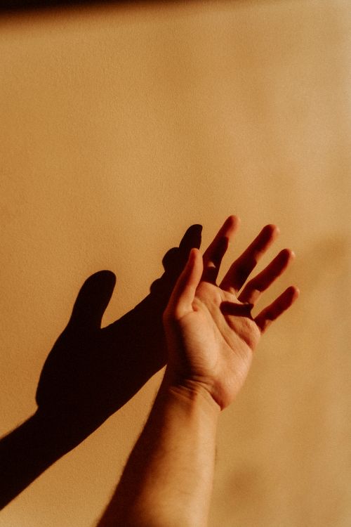 Free A close-up of a human hand with its shadow cast on a warm-toned wall, evoking a sense of calm. Stock Photo
