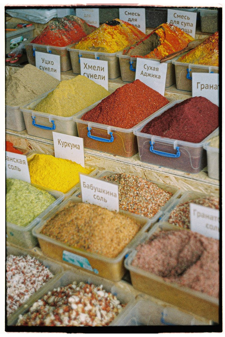 Various Spices In Plastic Containers