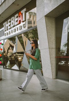 Young woman walking in a modern urban environment, stylish and casual.