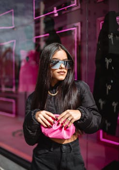 Stylish woman with sunglasses and long hair holding a pink purse against a vibrant backdrop.