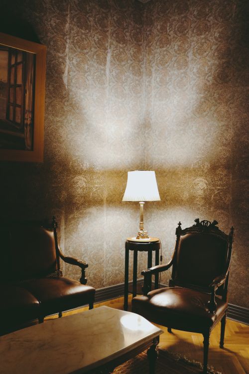 Free Charming corner of a vintage room featuring a lit lamp, ornate chairs, and a coffee table in Ankara, Türkiye. Stock Photo