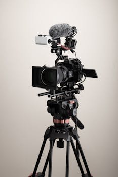 A professional video camera setup with a microphone on a studio tripod, perfect for filmmaking.