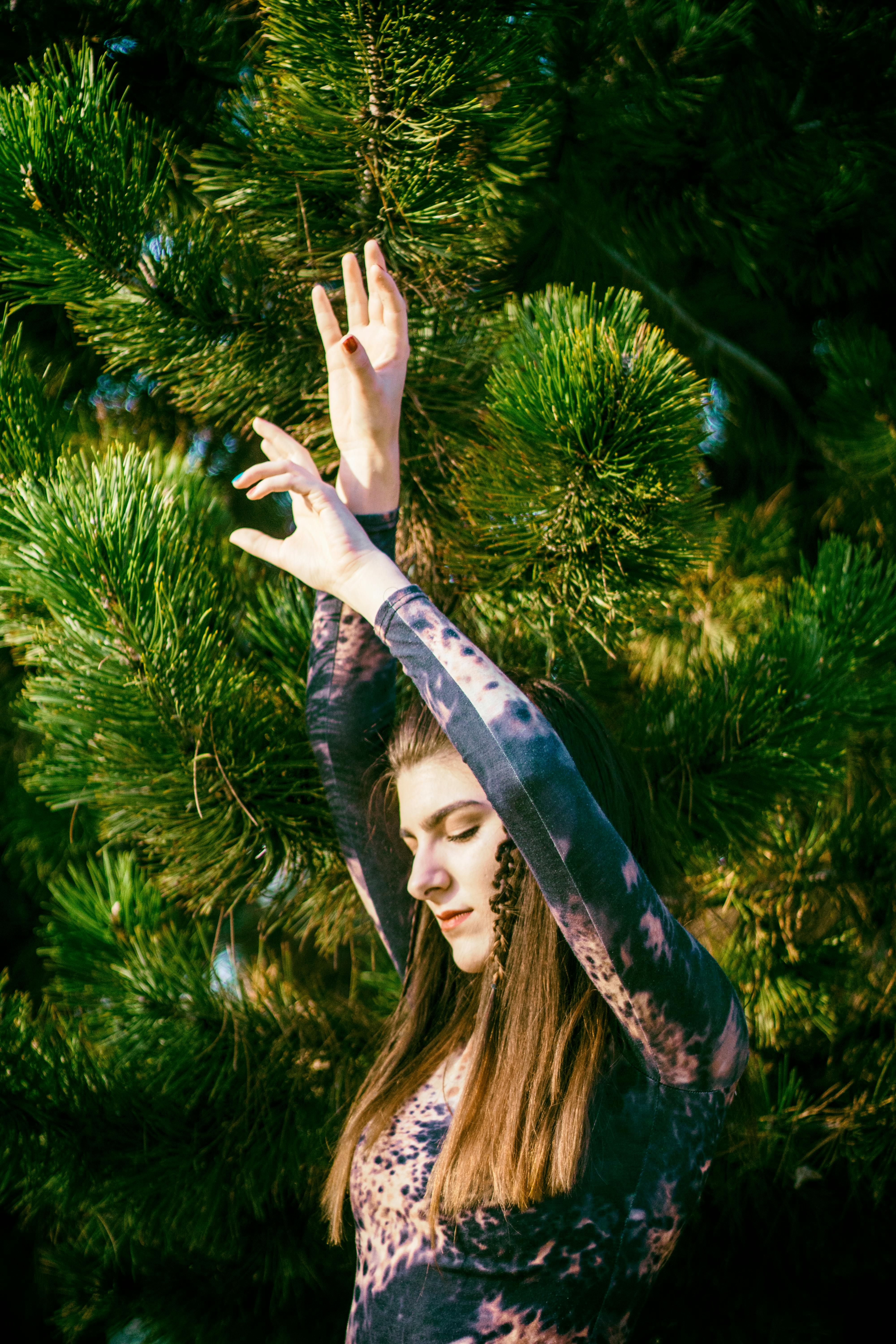 一名年轻女子在郁郁葱葱的松林中优雅地摆姿势