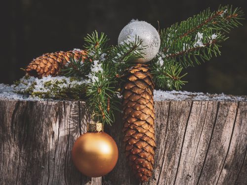 Free Christmas pine cones and ornaments on a snowy wooden surface, perfect for holiday themes. Stock Photo