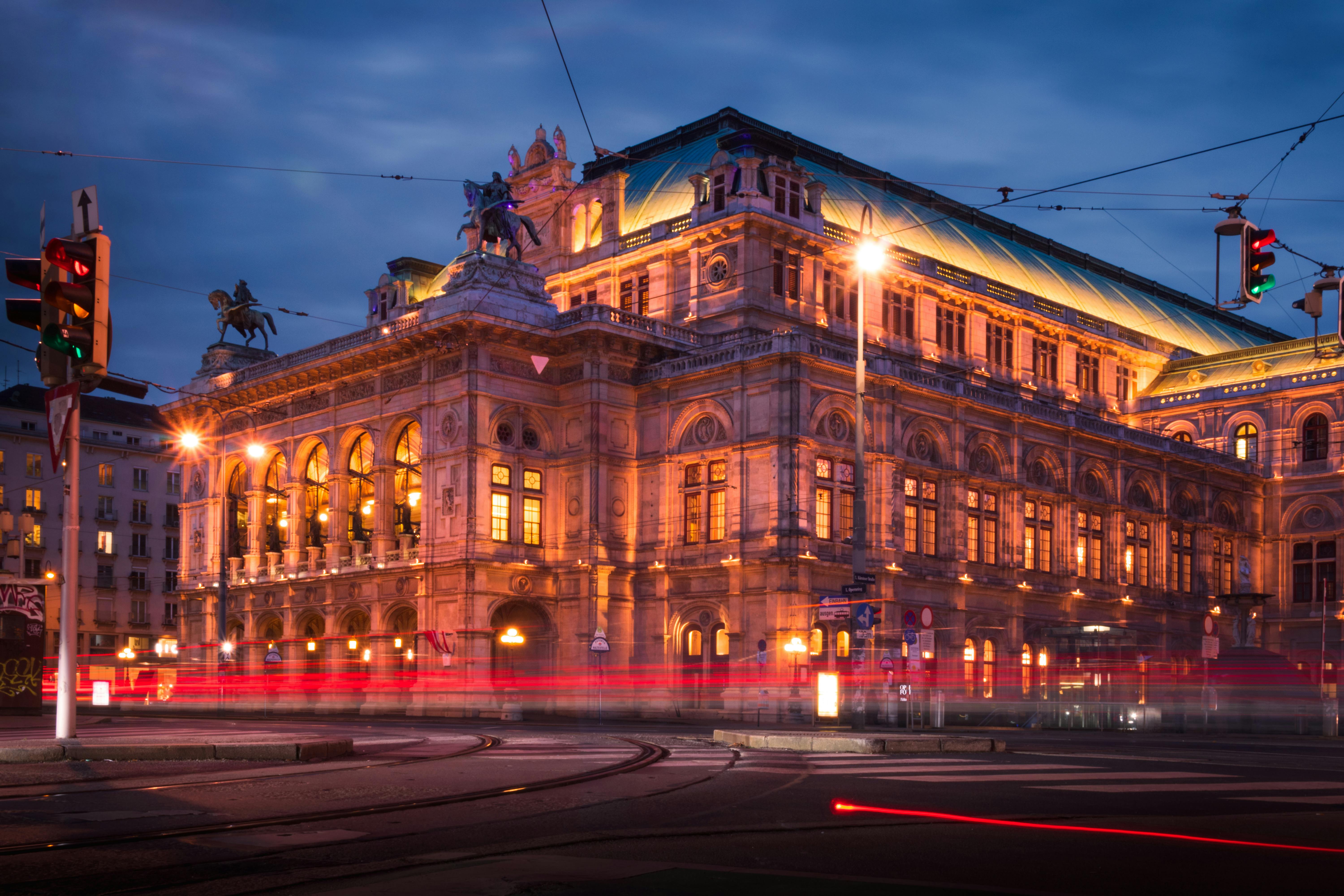 a large building with lights on it at night