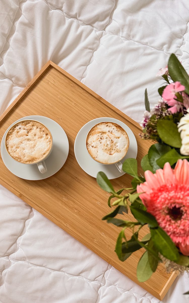 Cups Of Coffee On A Wooden Tray