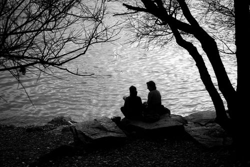 Free Two people sit on rocks under trees beside a calm river in Basel, Switzerland, creating a serene and reflective scene. Stock Photo