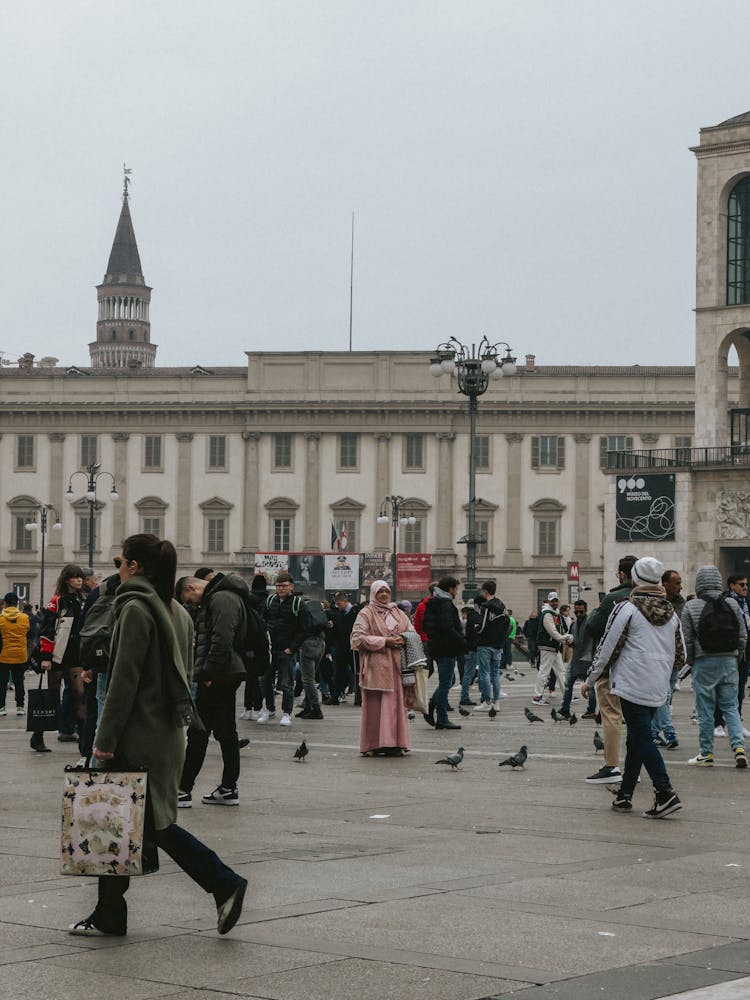 Crowd In Square By Royal Palace In Milan, Italy