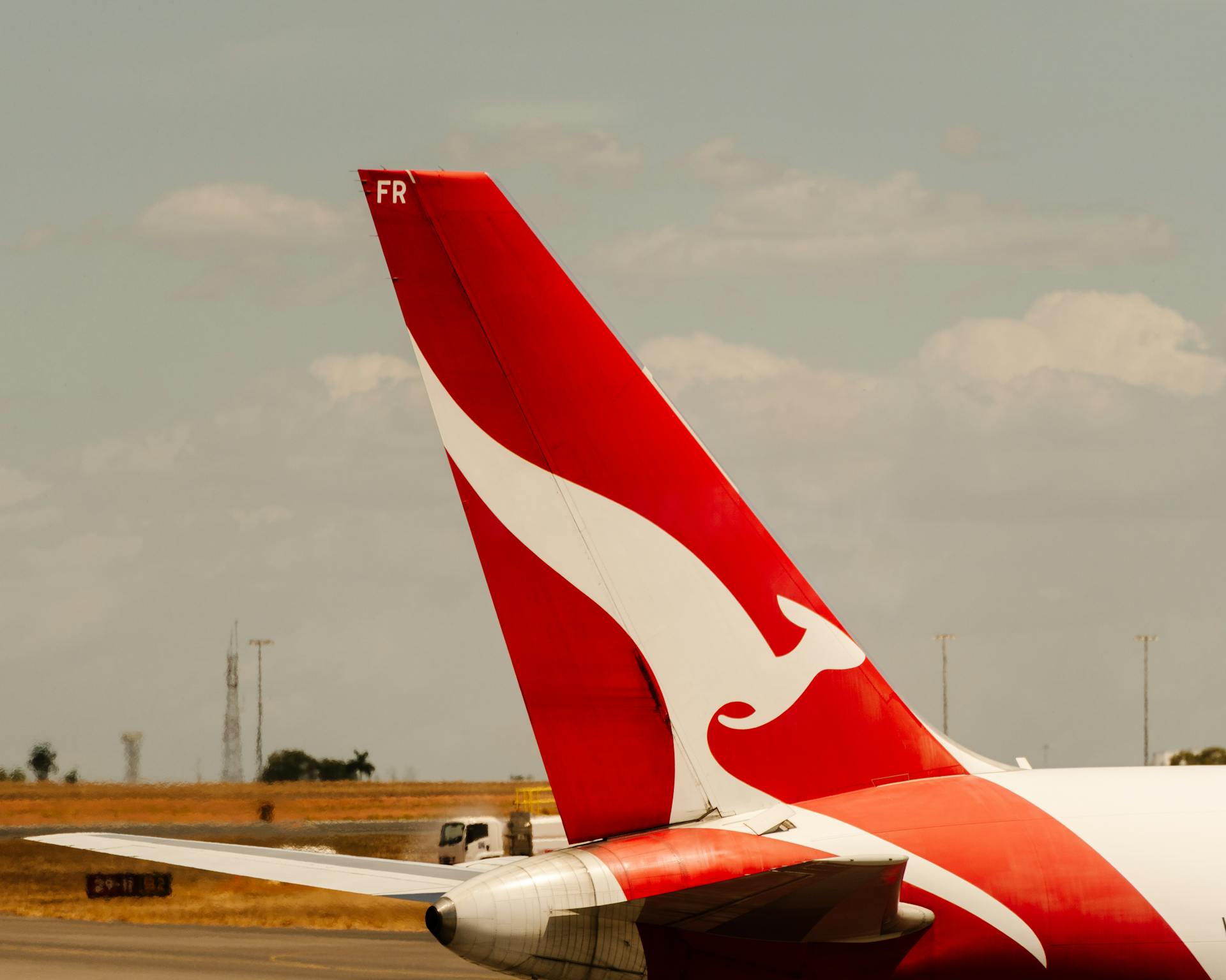 Close-up of a Qantas airplane tail on an airstrip in Eaton, Australia.