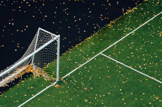Aerial view of soccer field with autumn leaves scattered across, capturing the essence of fall sports.