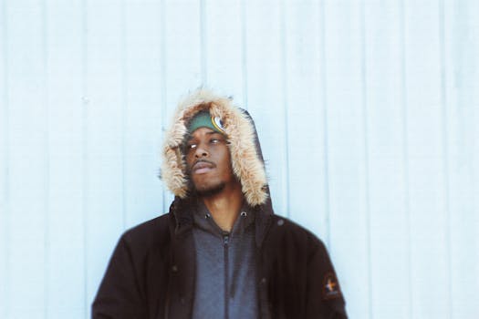 Portrait of a man in a fur-lined hooded jacket outdoors on a cold day, conveying a stylish winter vibe.