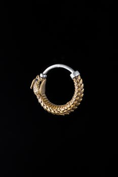 Luxurious golden ouroboros hoop earring against a black background, symbolizing eternity.
