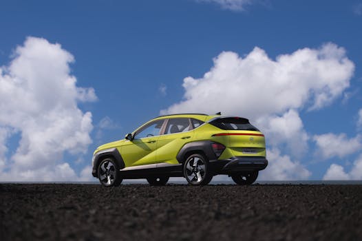 Lime green SUV captured against a bright blue sky and clouds in Jeju, South Korea.