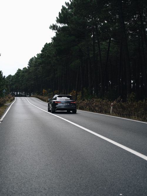 Free Sleek modern car traveling on a scenic forest road, showcasing vehicle and nature. Stock Photo