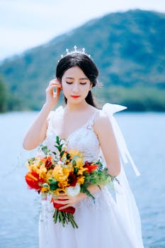 Bride in white wedding gown holding a colorful bouquet with a serene lake backdrop in Đà Lạt, Vietnam.