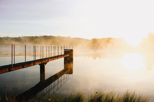 Morning Fog over the Lake in the Golden Light of the Rising Sun