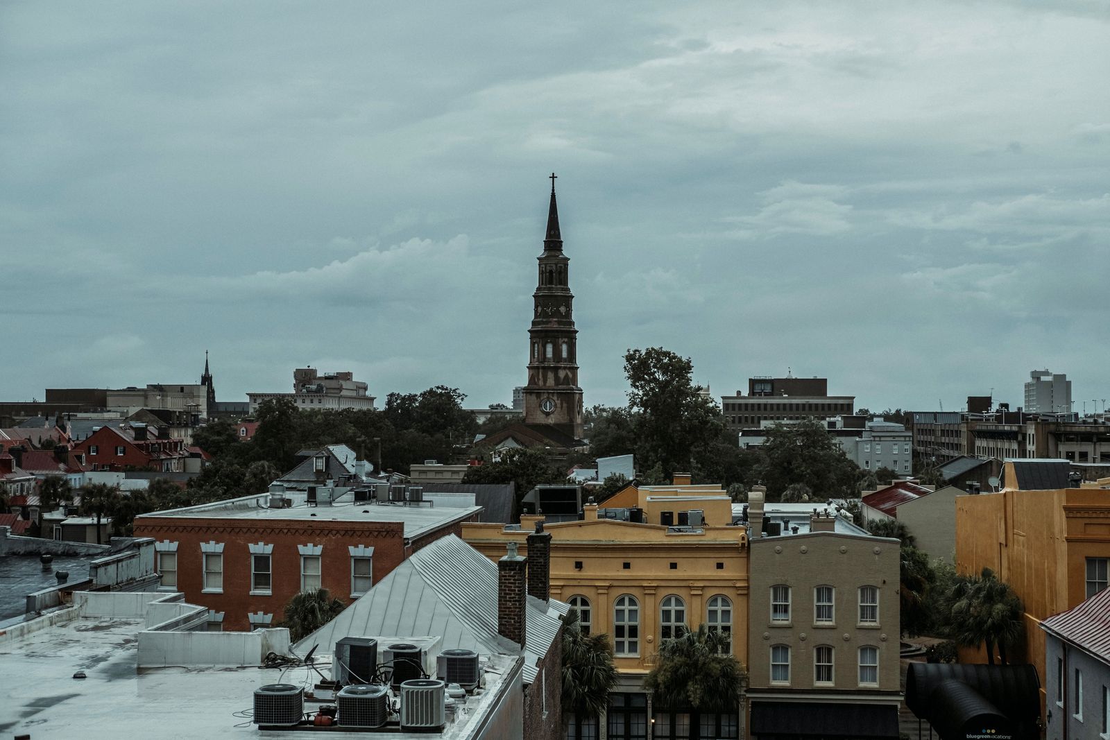 St. Philip’s steeple over the rooftops. Charleston is called the Holy City for its skyline of spires, kept low by law since the 1930s.