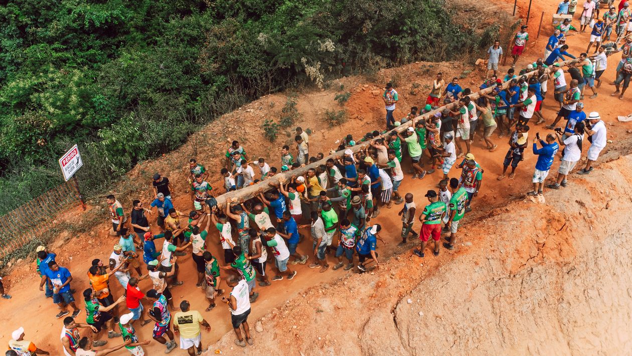 Log Man Aerial View of a Group of Men Carrying a Large Tree Log in the Forest ...