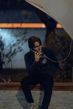 Stylish man sitting and using a vintage telephone outdoors at night.
