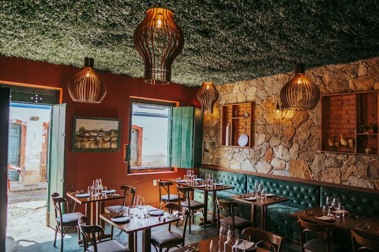 Stone Grass And Wooden Decor Of Restaurant 