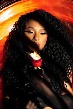 Dramatic portrait of a woman with curly hair holding a burning rose against a fiery background.