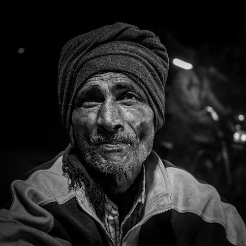 Black and White Portrait of Man in Turban