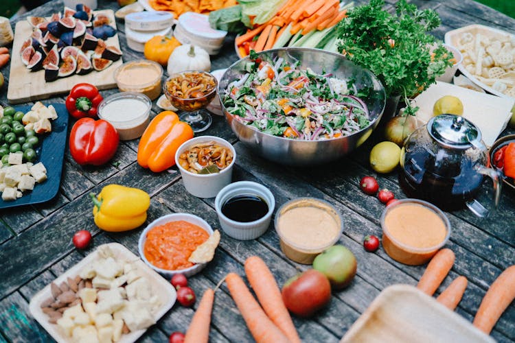 Variety Of Food On Wooden Table