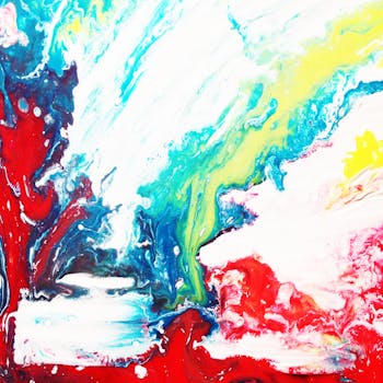 一幅充满活力的动态抽象艺术品，由红色、蓝色和黄色的油漆漩涡构成