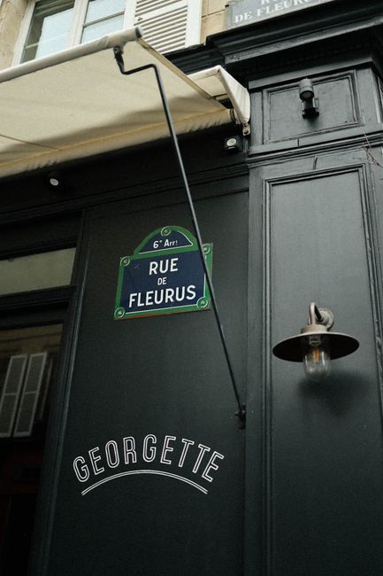 A detailed view of Rue de Fleurus street sign in Paris with Georgette facade.